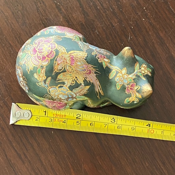 Fitz And Floyd Takahashi Style Cat Figurine Cloisonne Painted Green Flowers 4” - Picture 8 of 8